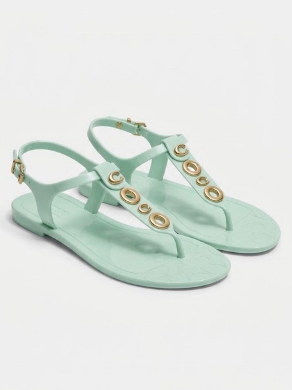 COACH Phila Mint Green Jelly Thong Sandals with Gold Turnlock Accents - Size 9B